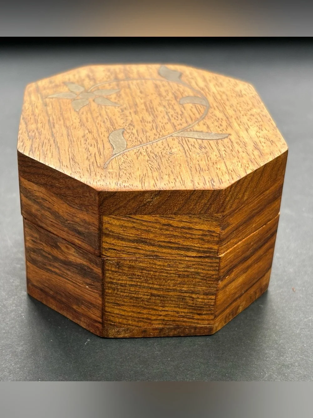 Octagonal Wood Jewelry Box with Inlaid Floral Detail
